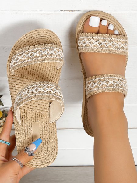 

Beige Weaving Double Strap Beach Slippers, Slippers