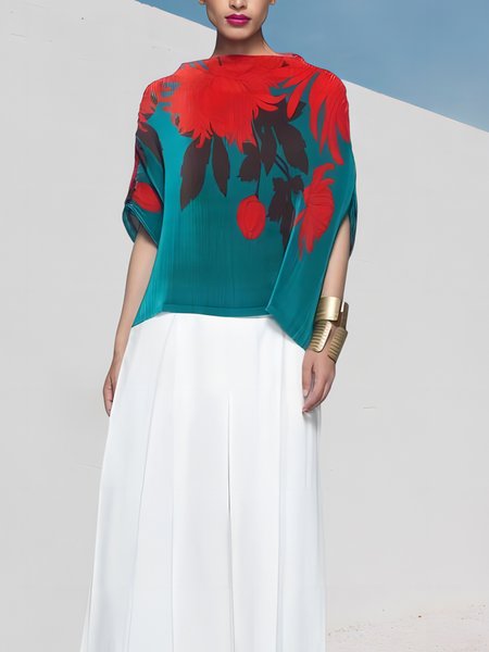 

Elegant Floral Boat Neck Loose Shirt, As picture, Blouses and Shirts