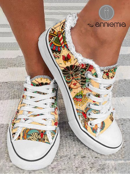 

Ethnic Mask Casual Raw Hem Canvas Shoes, As picture, Sneakers