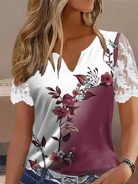 

Casual Lace Gradient Pattern Floral V Neck Shirt, Deep red, Shirts & Blouses