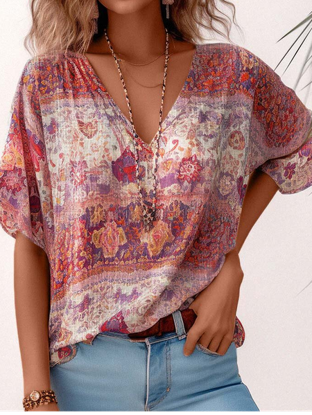 

Ethnic V Neck Casual Loose Shirt, Red, Shirts & Blouses