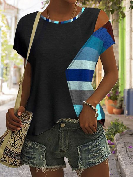 

Casual Regular Fit Crew Neck Striped T-Shirt, Black, T-Shirts