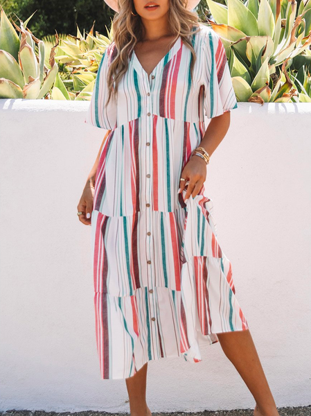 

Abstract Stripes Casual Loose V Neck Dress, White, Dresses