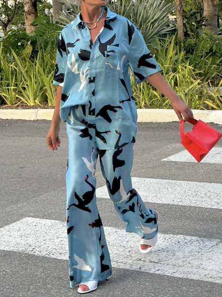 Loose Casual Shirt Collar Animal Two-Piece Set, Blue, Suit Set