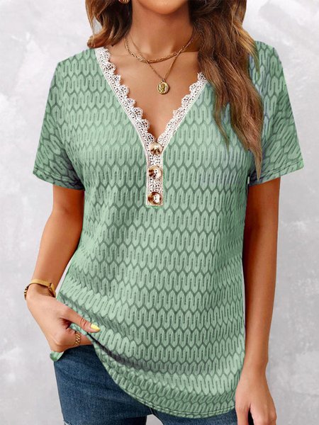 

Casual V Neck Plain Lace Edge Shirt, Green, Shirts & Blouses
