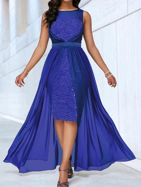 

Party Crew Neck Lace Elegant Dress, Blue, Midi Dresses