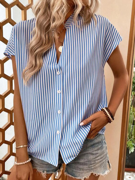 

Striped Loose Casual V Neck Blouse, Blue, Shirts & Blouses