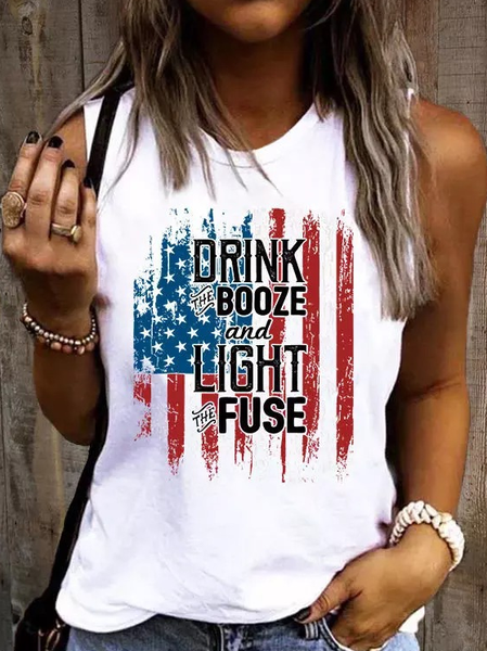 

Women’s Drink The Booze And Light The Fuse American Flag Text Letters Tank Top, White, Tank Tops