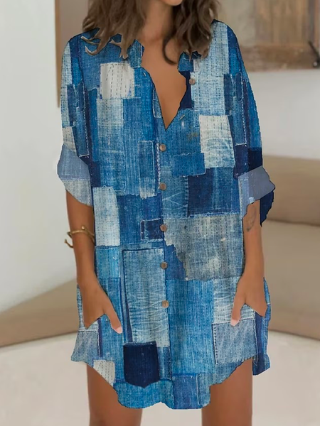 

Casual Shirt Collar Plaid Loose Dress, Blue, Casual Dresses