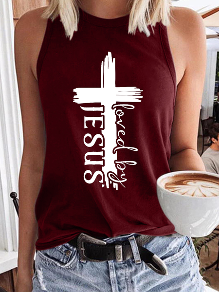 

Women's Loved By Jesus With Cross Cotton-Blend Casual Tank Top, Red, Tank Tops