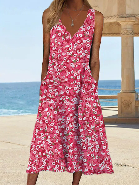 

Loose V Neck Casual Floral Dress With No Belt, Red, Dresses