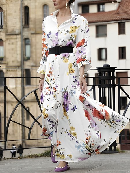 

Floral Loose Shirt Collar Vacation Dress With No Belt, White, Maxi Dresses
