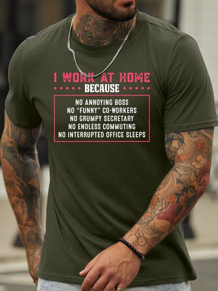 

Lilicloth X Abu I Work At Home Because No Annoying Boss No Funny Co-workers No Grumpy Secretary Men’s Funny Casual Crew Neck Cotton T-Shirt, Army green, T-shirts
