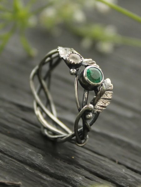 

Retro Metal Leaf Shaped Zircon Ring Casual Daily Women Jewelry, Silver, Rings