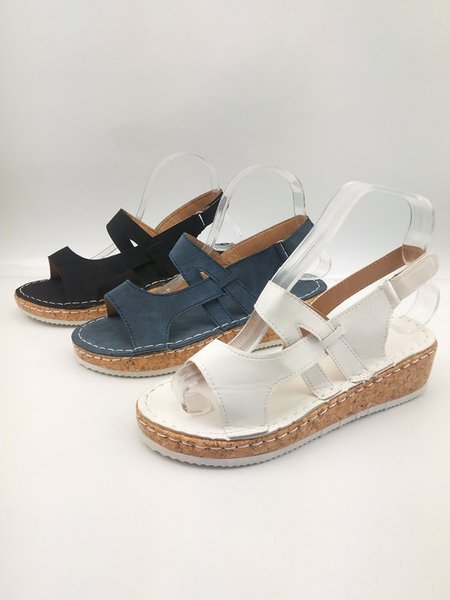 

Solid Color Inlay Strips Casual Velcro Portable Sandals, White, Sandals