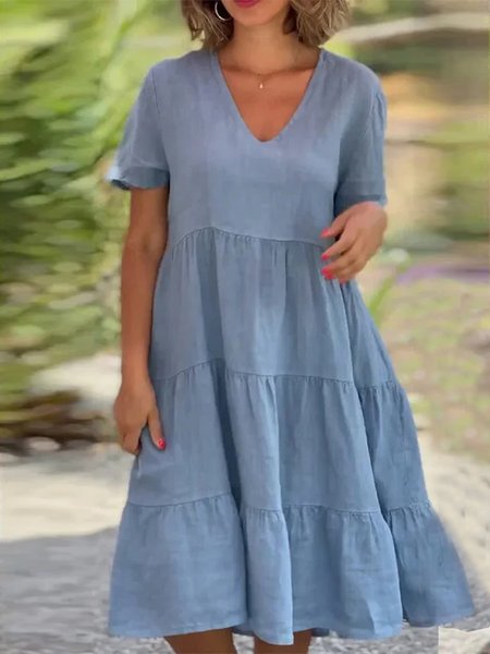

V Neck Loose Ruched Casual Dress, Blue, Dresses
