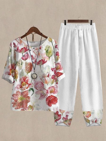 

Loose V Neck Floral Casual Two-Piece Set, White, Suit Set