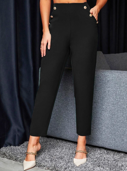 

Loose Elegant Buttoned Plain Fashion Pants, Black, Pants