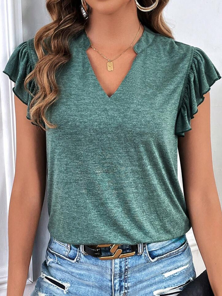 

Flouncing Loose Casual V Neck T-Shirt, Green, T-Shirts
