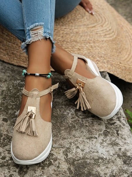 

Tassels Suede Casual T-shaped Flat Shoes, Khaki, Flats