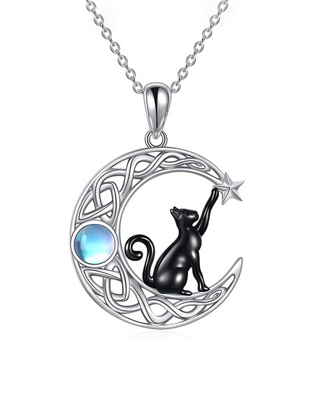 Urban Casual Moon Pattern Black Cat Moonstone Opal Necklace Female Jewelry, Silver, Necklaces