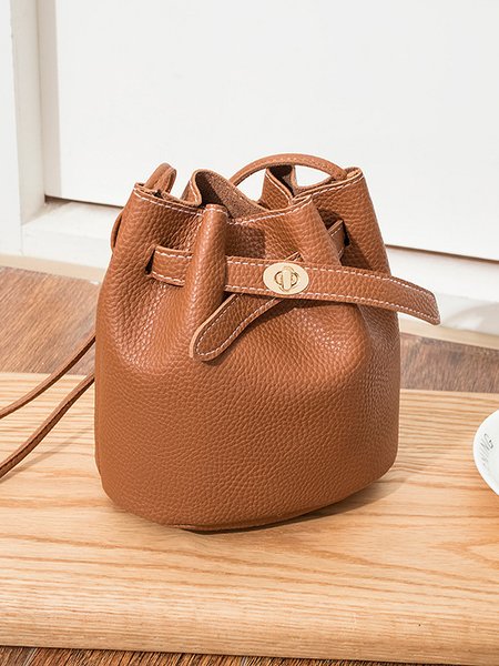 

Urban Casual Leather Imitation Drawstring Twist Lock Bucket Bag Messenger Bag Women, Brown, Women's Bags