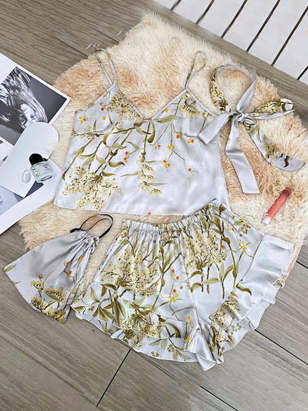 

Elegant Ruffled Silk Floral-Print Camisole Pajama Set, Silver gray, Loungewear & Sleepwear