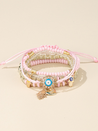 

Resort Style Ethnic Beaded Woven Layered Bracelet Boho Casual Women's Jewelry, Pink, Bracelets