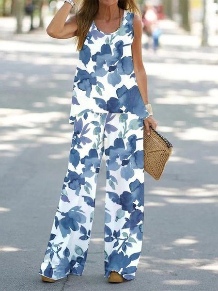 

Floral Casual Scoop Neck Two-Piece Set, Blue, Suit Set