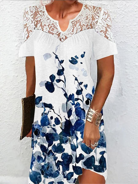 

Notched Casual Lace Floral Dress, White, Dresses