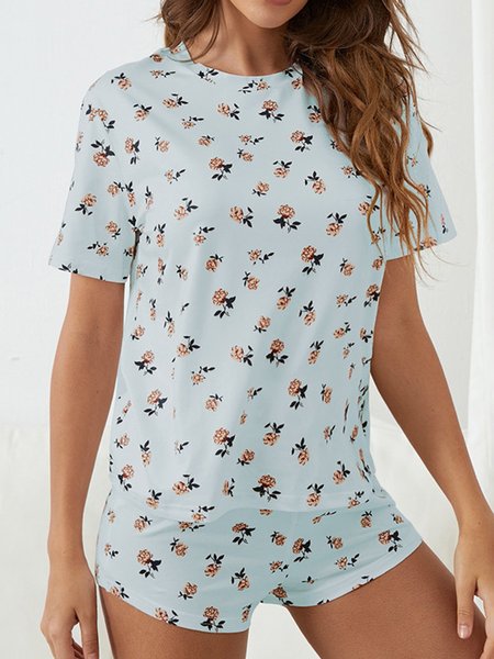 

Breathable Relaxed Loose Floral Print Pajama Set, Cyan, Loungewear & Sleepwear