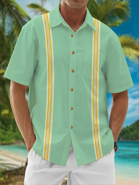 

Geometric Chest Pocket Short Sleeve Guayabera Shirt, Green, Men Shirts