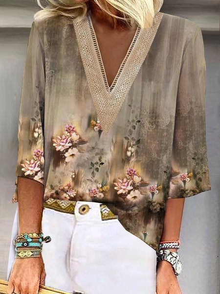 

Floral Printed V Neck Vacation Lace Blouses, Khaki, Shirts & Blouses
