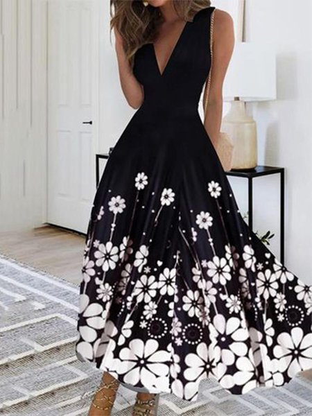 

Floral V Neck Regular Fit Elegant Dress, Black, Dresses