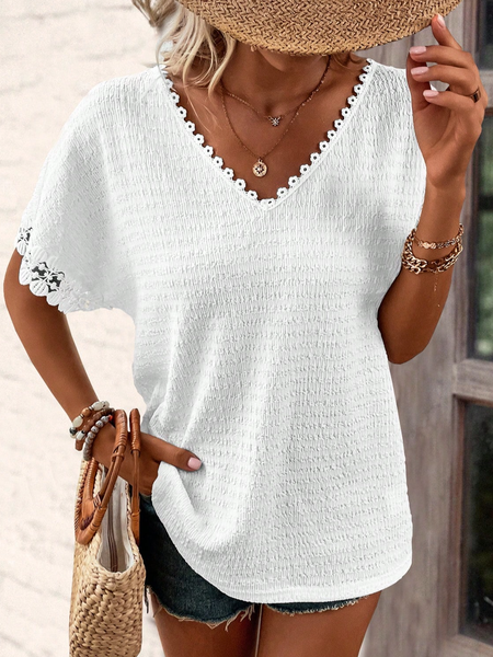 

V Neck Casual Plain Lace T-Shirt, White, T-Shirts