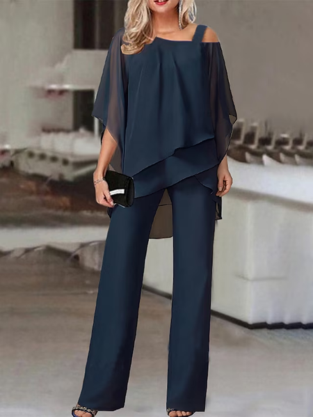 

Plain Casual Loose Chiffon Jumpsuit, Purplish blue, Jumpsuits＆Rompers