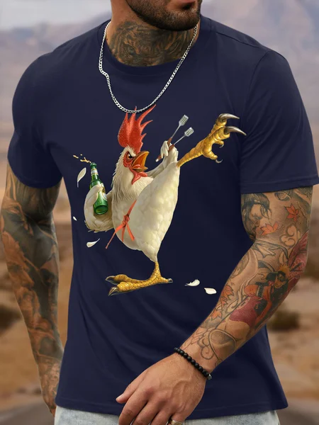 

Men's Kung Fu Chicken Funny Graphic Printing Text Letters Cotton Casual Loose T-Shirt, Purplish blue, T-shirts