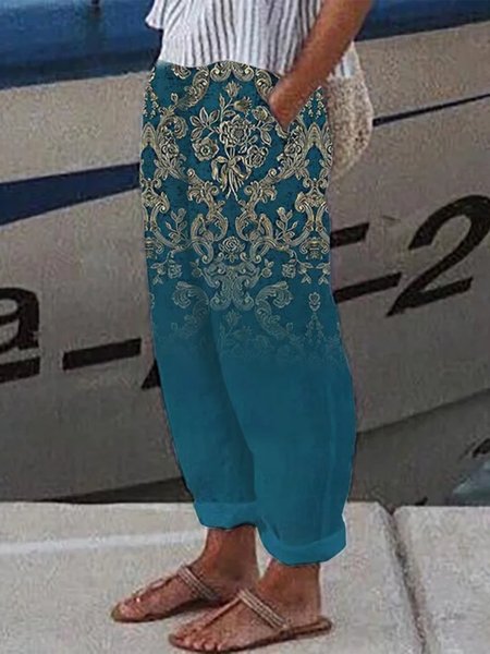 

Casual Ethnic Loose Pants, Cyan, Pants