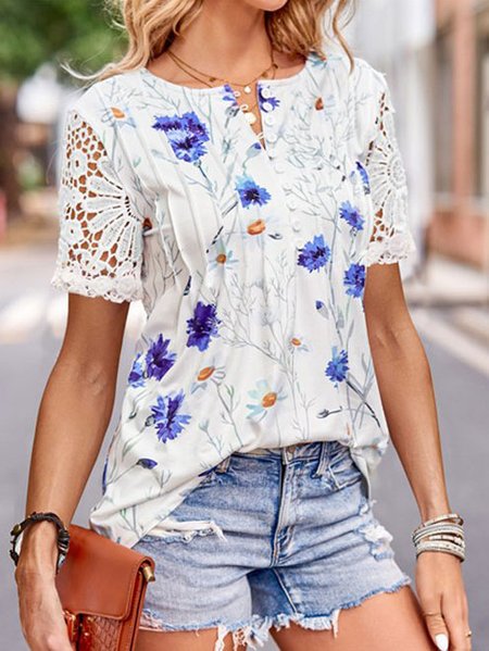 

Floral Crew Neck Casual Split Joint Shirt, White, Shirts & Blouses