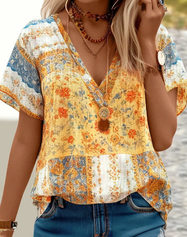

Loose Ethnic V Neck Casual Tank Top, Yellow, Shirts & Blouses