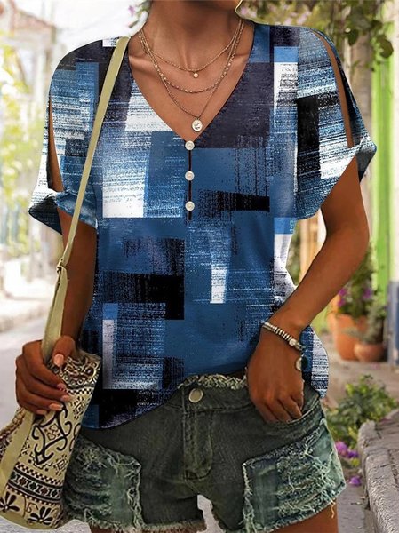 

V Neck Casual Geometric Shirt, Blue, Shirts & Blouses