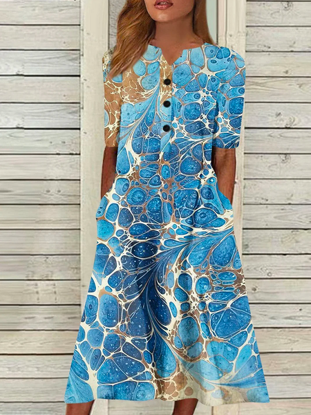 

Ombre Loose Elegant Women's Short Sleeve V Neck Printed Casual Midi Dress, Blue, Dresses