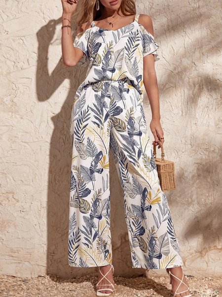 

Floral Casual Cold Shoulder Two-Piece Set, Gray, Suit Set