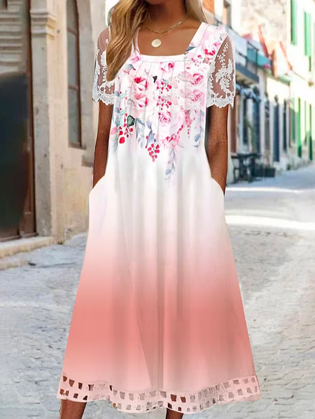 

Floral Loose Elegant Square Neck Dress, Pink, Dresses