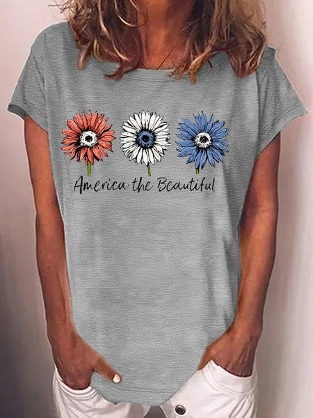 

Women's America the Beautiful Sunflowers Crew Neck Casual T-Shirt, Gray, T-shirts