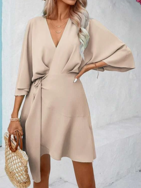 

Loose Casual Plain V Neck Dress With Belt, Apricot, Dresses