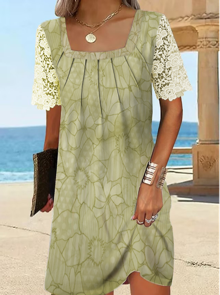 

Loose Square Neck Casual Floral Dress With No Belt, Green, Casual Dresses