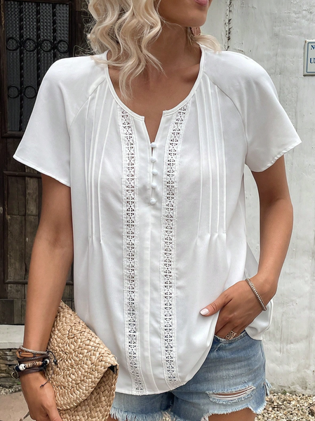 

Crew Neck Lace Simple Loose Shirt, White, Shirts & Blouses