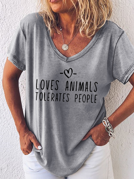

Women’s Love Animals Tolerates People Animal Lover Heart V Neck Casual T-Shirt, Gray, T-shirts