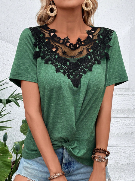 

Plain Regular Fit Lace Casual T-Shirt, Green, T-Shirts